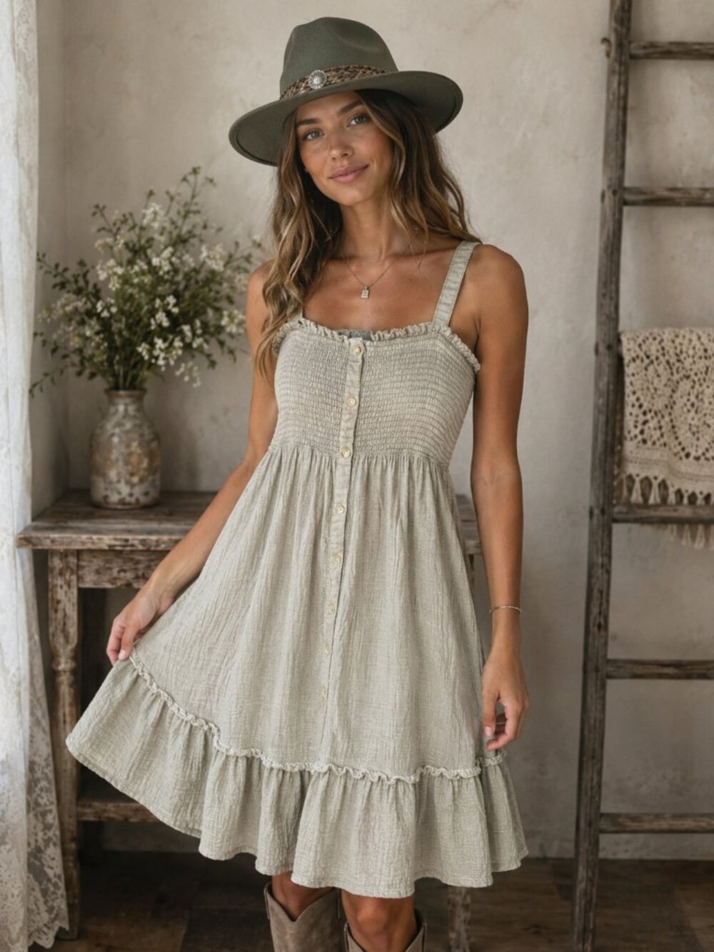 Threadgrit Cotton Gauze Dress Cottagecore Coastal Boho Smocked Midi 2XL